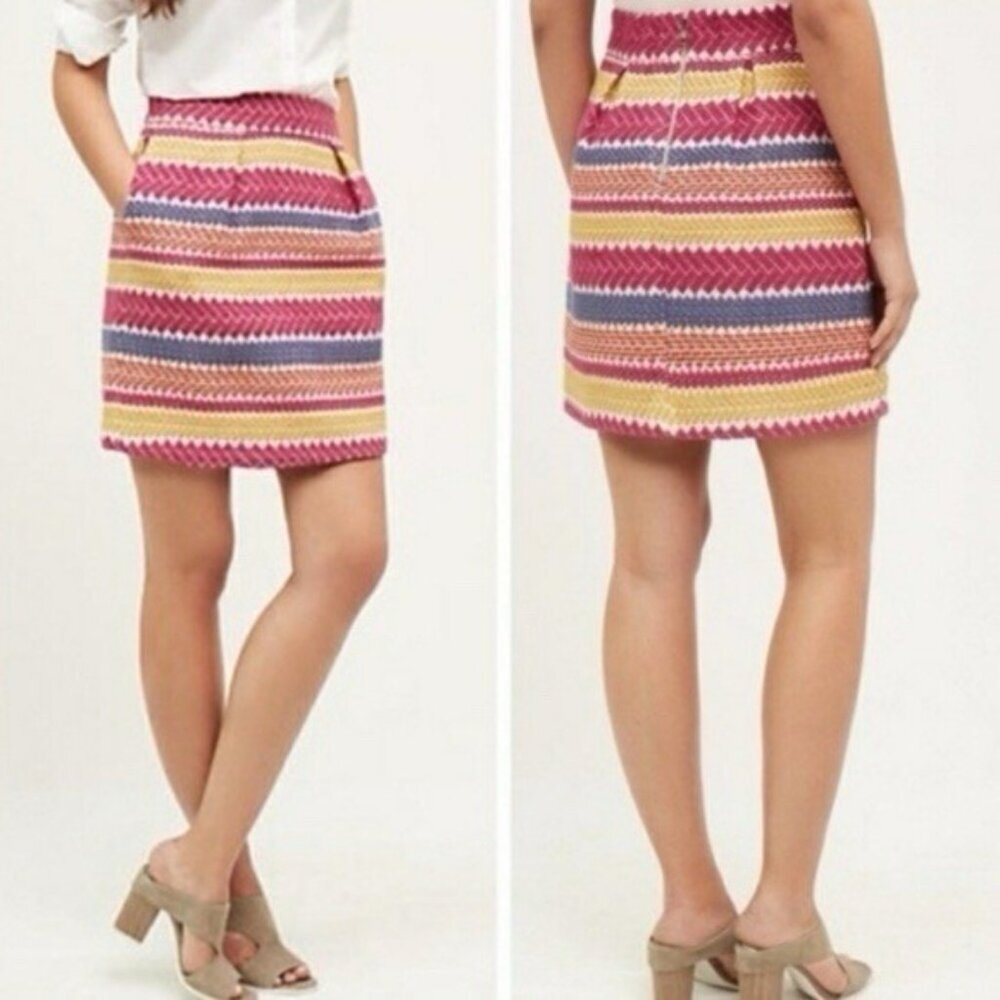 Anthropologie Nomad Morgan Carper Jacquard Mini Skirt MEDIUM Embroidered Pockets
